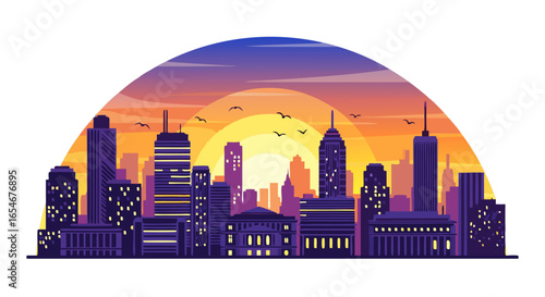 Stylized digital illustration of a vibrant city skyline at sunset with a colorful gradient sky and iconic skyscrapers creating a lively urban scene