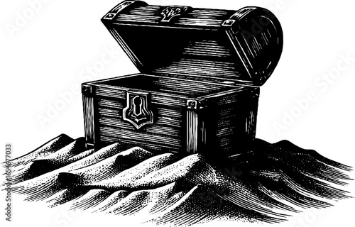 Vintage engraved illustration of treasure chest half-buried in sand for design and decor