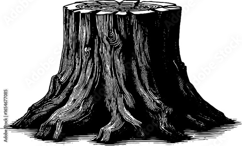 Vintage engraved illustration of tree stump for retro design projects