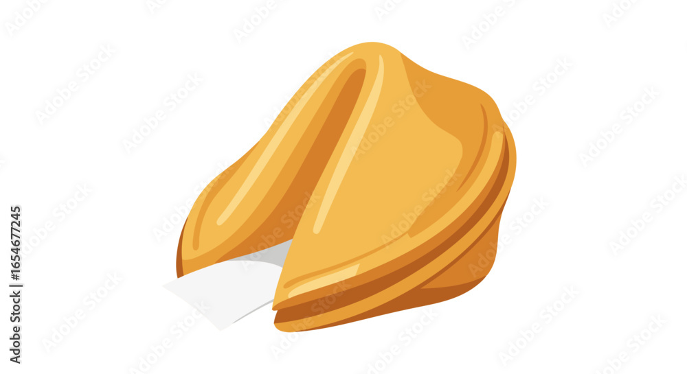 Fototapeta premium Illustration of a golden-brown fortune cookie with a white paper slip emerging from its cracked opening, showcasing a simplistic and clean digital