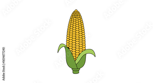 Simple Digital Illustration of an Ear of Corn with Bright Yellow Kernels and Green Leaves on White Background for Educational or Decorative Use