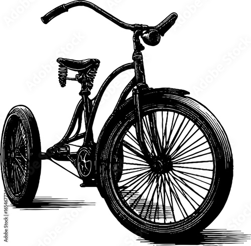 Vintage engraved illustration of a tricycle with large front wheel for retro design