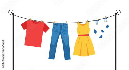 Colorful clothes hanging on a string drying outside with clothespins and natural breeze effect vibrant laundry display