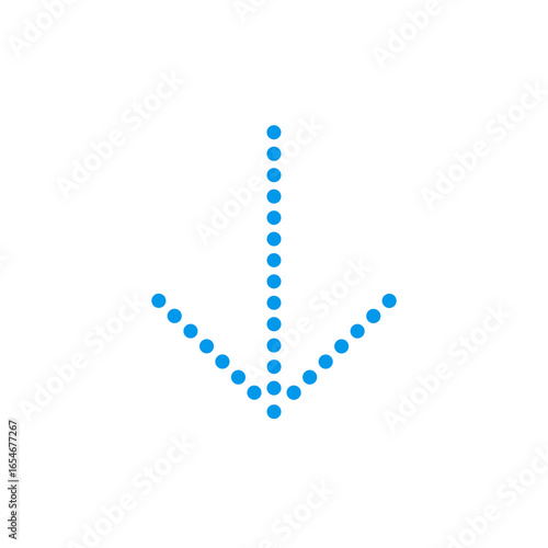 Minimalist downward arrow illustration composed of evenly spaced blue dots symbolizing direction or movement in a clean and simple style suitable