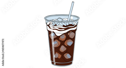 Refreshing carbonated cola beverage in a transparent cup filled with ice cubes and a straw showcasing a chilled and fizzy soft drink experience