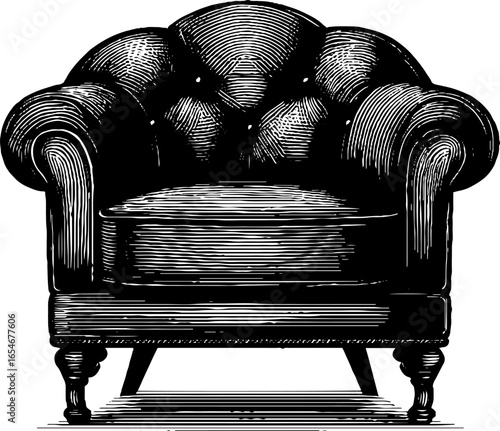 Armchair vintage upholstered engraving illustration, retro sketch hand drawn design.