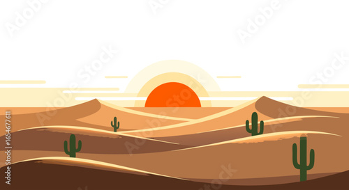 Serene desert landscape at sunset featuring rolling sandy dunes and climbing cacti under a vibrant orange sky with warm hues