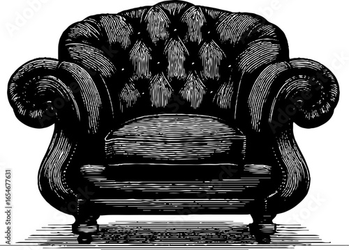 Vintage upholstered armchair engraving - classic furniture design for decor and art