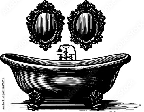 Victorian bathroom design with vintage clawfoot bathtub and ornate mirrors