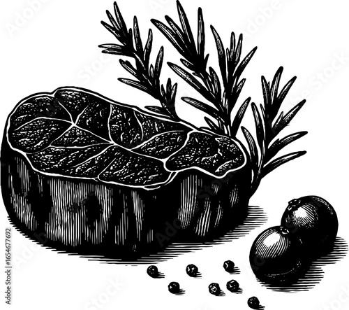 Vintage engraving of venison steak and juniper berries - culinary art for kitchen decor
