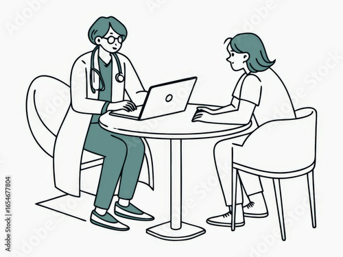 Two doctors sitting at a table in the office. Healthcare concept. Cartoon style illustration.