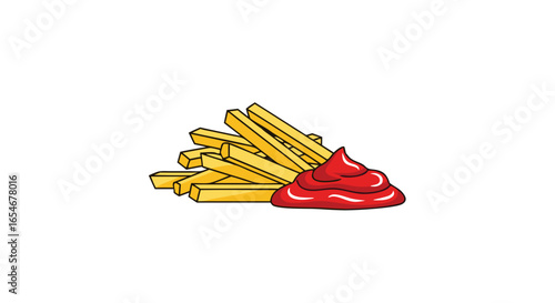 Illustration of a serving of French fries with ketchup on a plain white background perfect for fast food menu designs or snack promotional materials