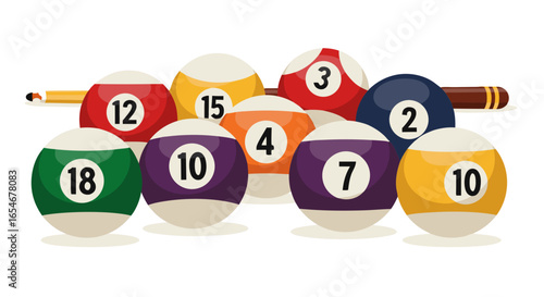 Colorful pool balls arranged with a cue stick on a white background showcasing vibrant hues and numbered sports equipment for recreational influence
