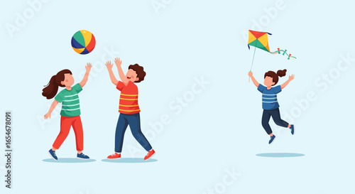 Children Playing with a Ball and Flying a Kite in a Joyful Outdoor Setting Featuring Vibrant Colors and Engaged Playful Interaction