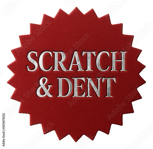 Red tag sticker with SCRATCH & DENT discount in bold letters, attention-grabbing retail offer on transparent background.