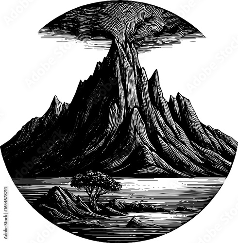 Engraved volcanic island scene with majestic peaks and erupting volcano