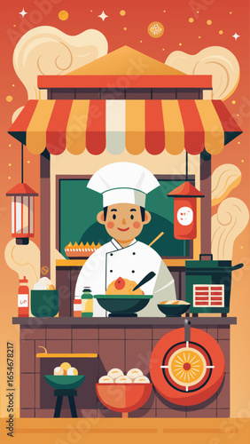 A chef is cooking food in front of a red and orange tent. The chef is smiling and he is enjoying his work. The scene is set in a market or a food stand, with various bowls and utensils on display