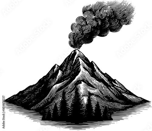 Vintage engraving of volcanic mountain with smoke eruption - artistic nature scene