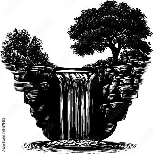 Engraved waterfall illustration with bold black linework featuring natural landscape elements