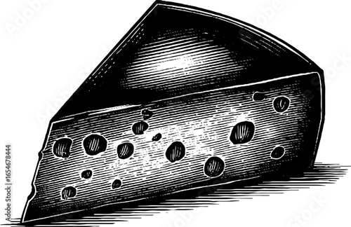 Vintage engraved illustration of hard cheese wedge for culinary design