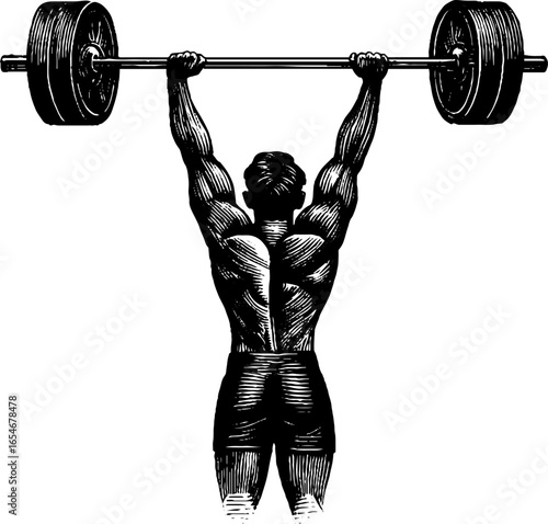 Vintage engraved illustration of a weightlifter holding barbell for fitness design