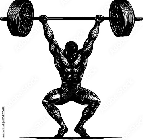 Vintage engraved illustration of weightlifter raising barbell for fitness design