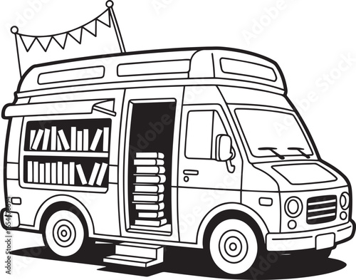 Bookmobile with open door and stacked books shelves