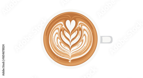 Intricate latte art in the shape of a heart and floral design atop a perfectly brewed coffee cup