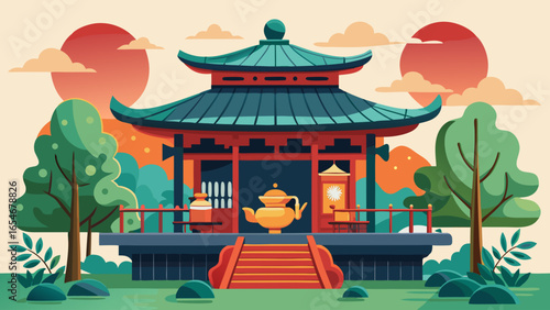 A colorful building with Chinese characters on the front. The building is surrounded by trees and has a courtyard with a fountain