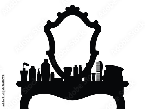 Silhouette of a vintage vanity table with mirror and beauty products
