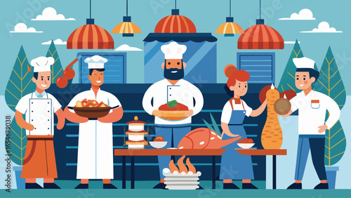 A cartoon of a chef and his staff preparing food. The chef is holding a tray of food and the other staff members are holding trays of food as well. Scene is cheerful and lively