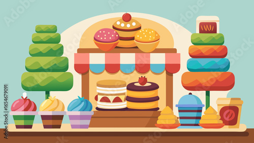 A colorful assortment of cakes, cupcakes, and other desserts are displayed on a table. The presentation is vibrant and inviting, with a variety of flavors and textures to choose from