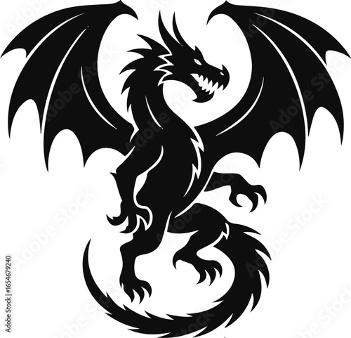vector illustration of a dragon,Stylized black silhouette of a fierce dragon with curved wings, spiked tail, and dynamic posture.
