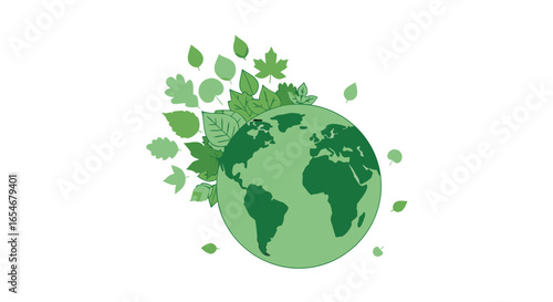 Environmental Sustainability and Global Ecology Represented by a Green Earth Surrounded by Diverse Plant Life Emphasizing Nature Conservation Efforts