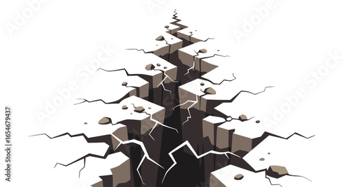 Illustration of a Central Cracked Ground with Falling Debris and Deep Chasms Creating a Dramatic Scene of Structural Collapse in a Minimalist Style
