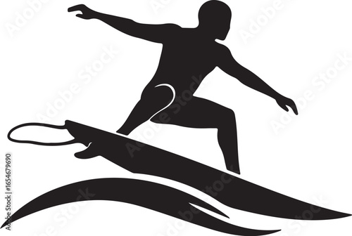 Stylized Silhouette of a Surfer on a Surfboard with Fins and Leash surfing wave