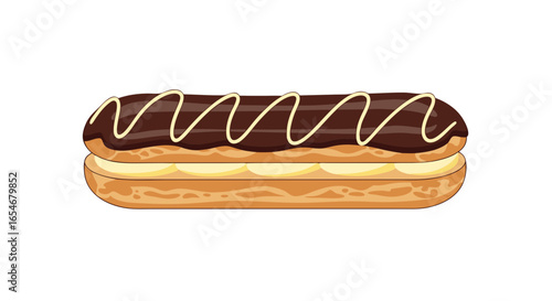 Delicious eclair pastry filled with creamy custard topped with rich chocolate glaze and light drizzle of icing for a sweet treat