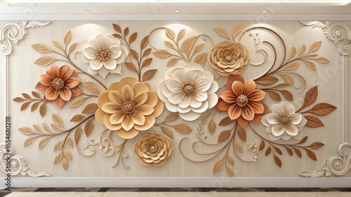 Luxurious wall panel with embossed beige, gold, and orange flowers