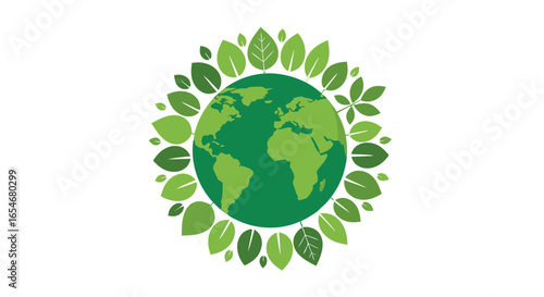 Eco-Friendly Earth Representation with Surrounding Green Leaves Symbolizing Sustainability and Environmental Conservation Efforts