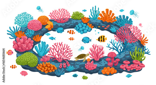 Vibrant Underwater Coral Reef Ecosystem with Diverse Marine Life and Brightly Colored Coral Structures for Marine Biodiversity Illustration