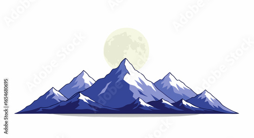 Majestic snow-capped mountains under a luminous full moon with a pristine white sky creating a serene landscape scene