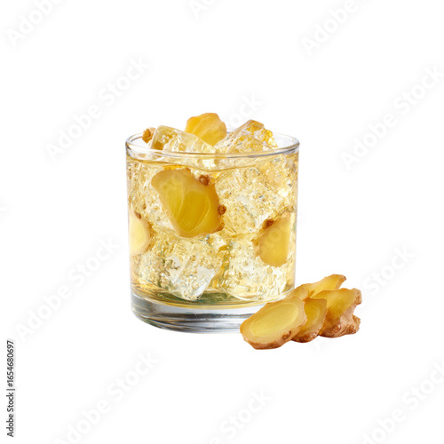 Refreshing Iced Ginger Drink in Glass with Ginger Slices