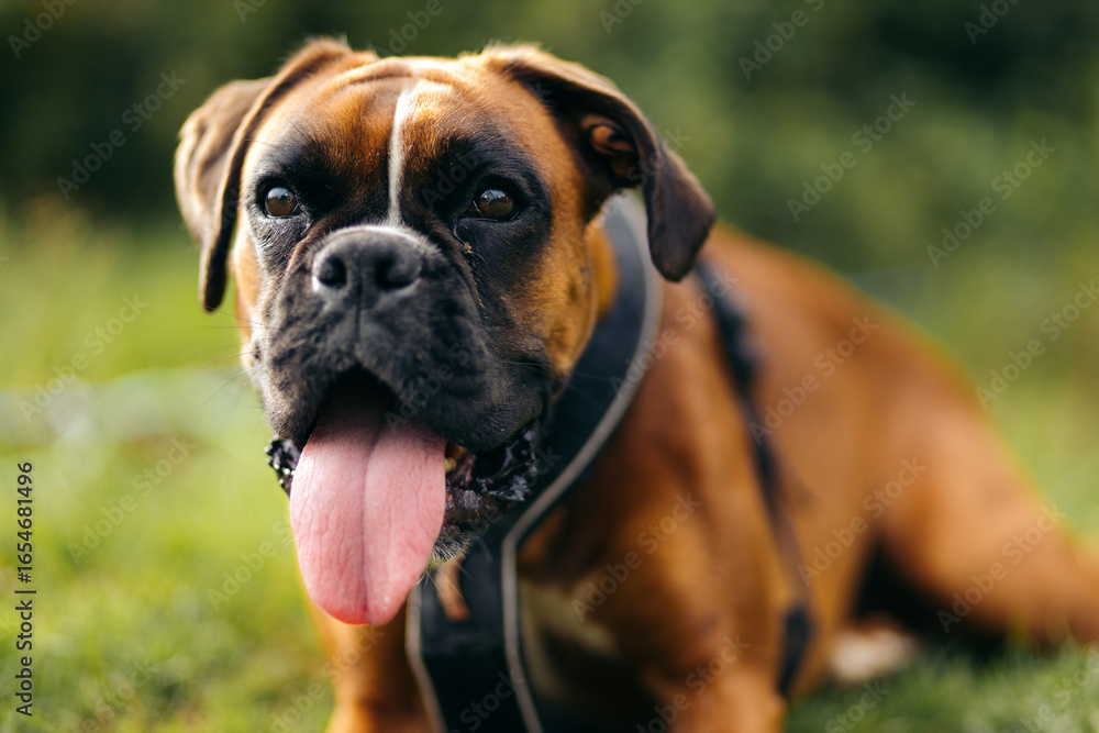 Close-Up of Playful Boxer Dog with Tongue Out Relaxing on Grass in Natural Light Close-Up of Playful Boxer Dog with Tongue Out Relaxing on Grass in Natural Light