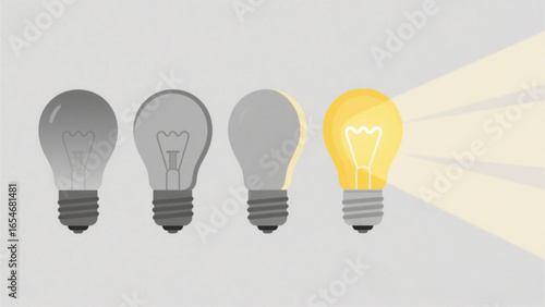 Four lightbulbs, three dimmed, one brightly lit, radiating light, symbolizing idea generation and innovation.