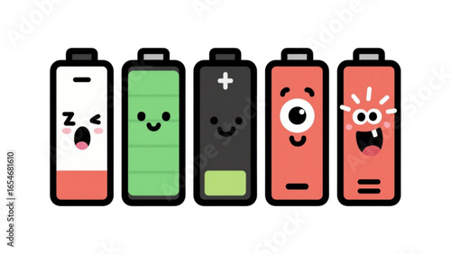 Cute cartoon battery icons showing different charge levels, from empty to full.
