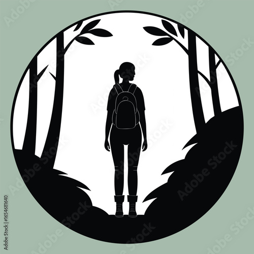 Woman hiking silhouette in forest
