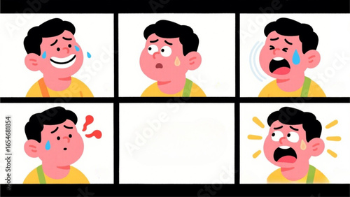 A young boy's diverse emotional expressions displayed in a six-panel cartoon grid.