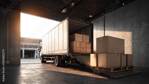 Truck unloading boxes in warehouse. Sunlight streams in