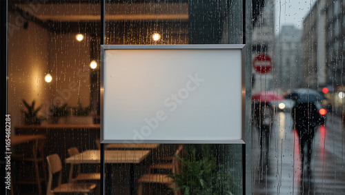 A blank horizontal sign hangs on a rainy cafe window. The empty space is an excellent mockup for displaying a logo, menu, or special offers for a restaurant or coffee shop.