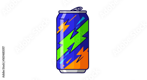 Vibrant Energy Drink Can Featuring Abstract Lightning Bolt Patterns in Bold Color Blocks for Dynamic Refreshment Appeal
